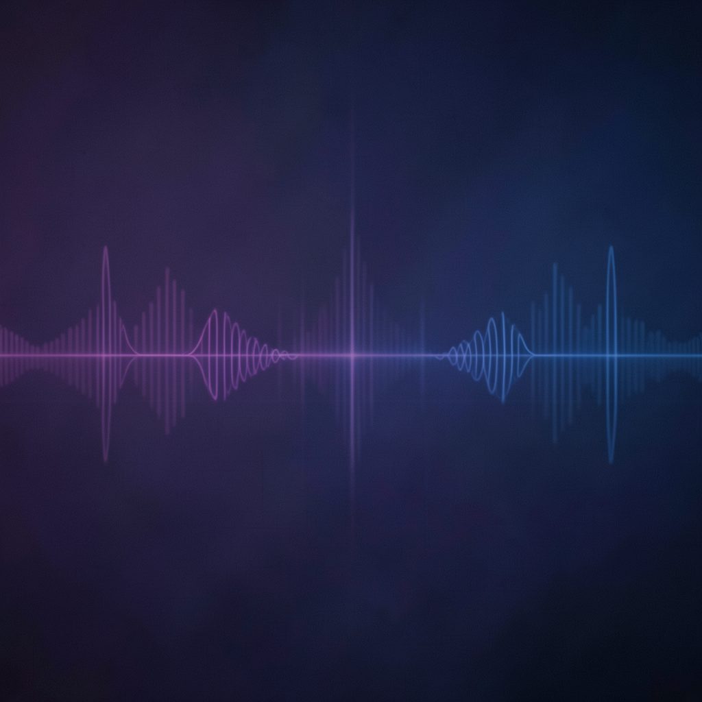 A dark atmospheric scene with soft purple and blue gradient lighting, abstract soundwave patterns, and a calm mood suggesting music discovery