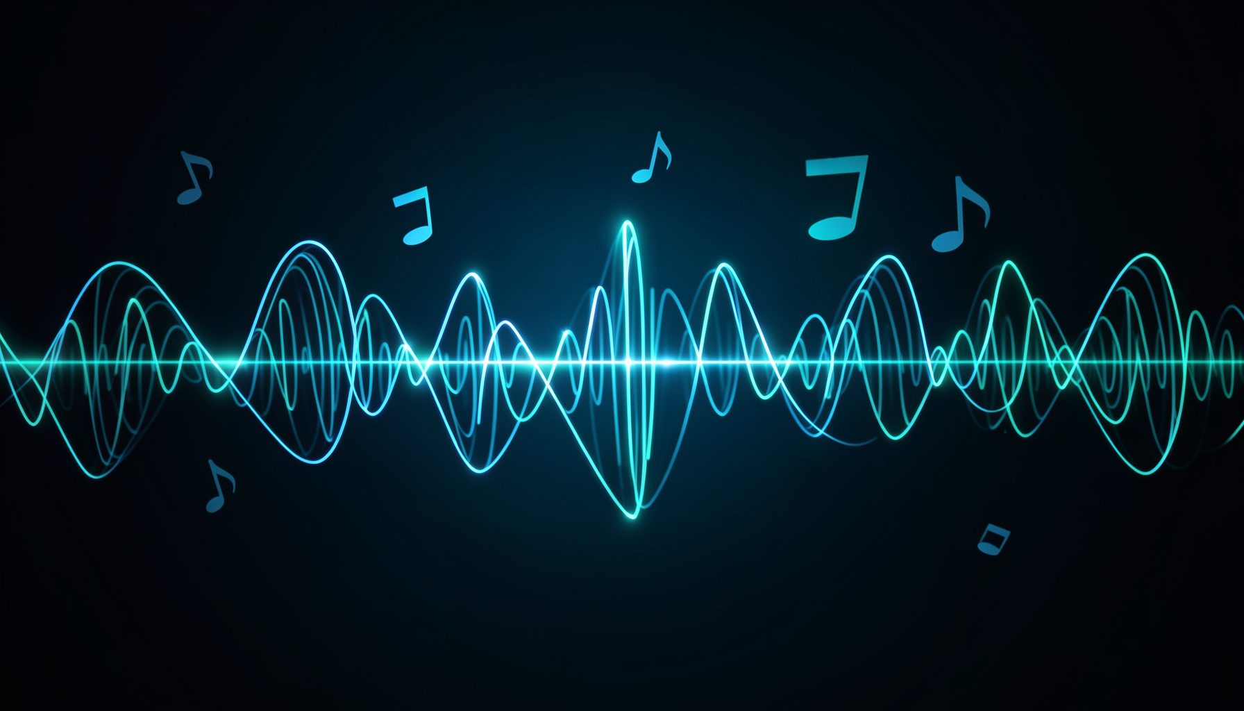 A dark gradient background with glowing sound-wave lines and floating musical note icons in cool blue and teal tones
