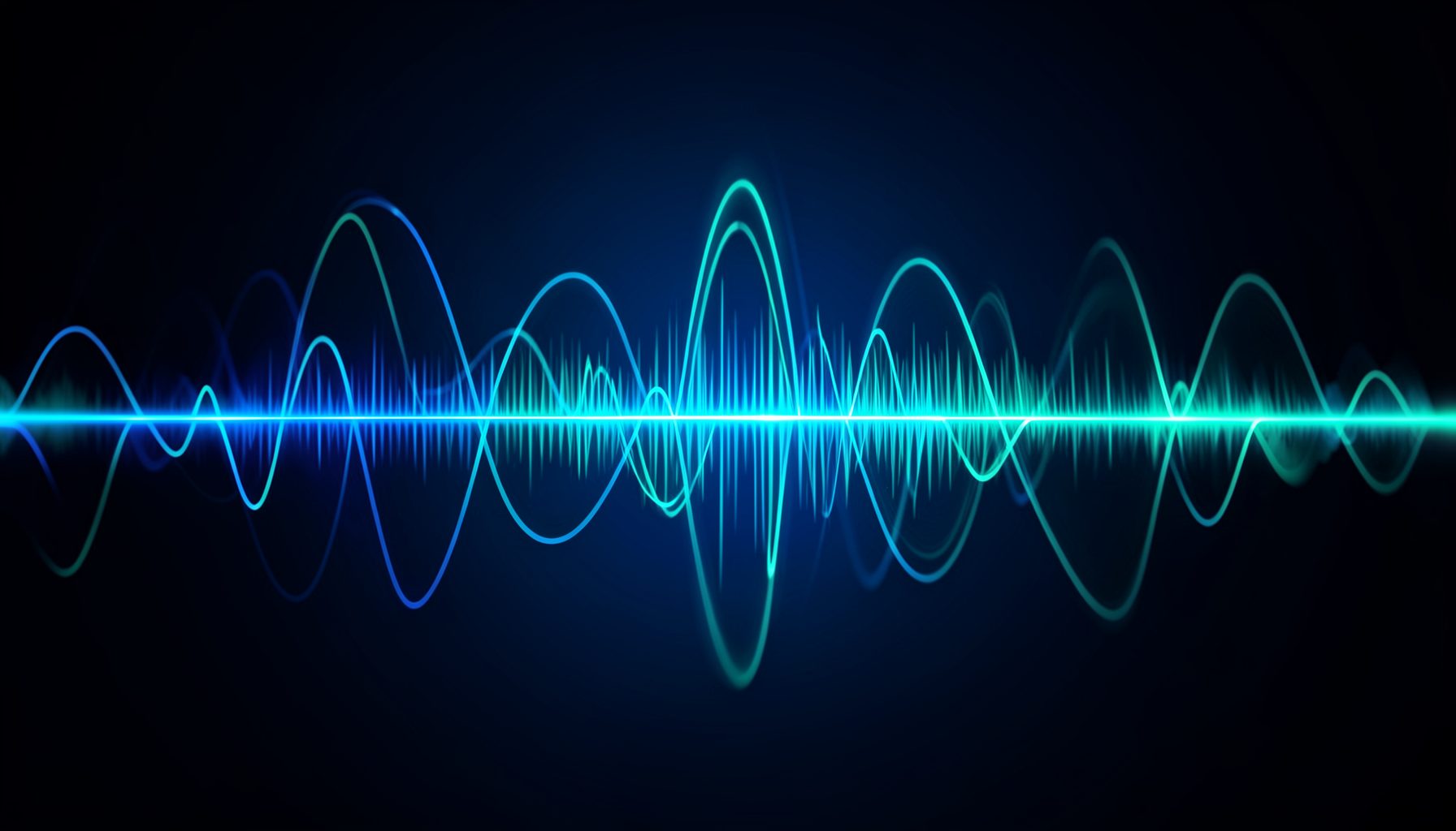 Vibrant abstract sound waves in deep blue and teal tones against a dark gradient background, conveying energy and music discovery.
